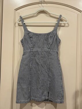 Urban Outfitters Navy and White Striped Denim Dress